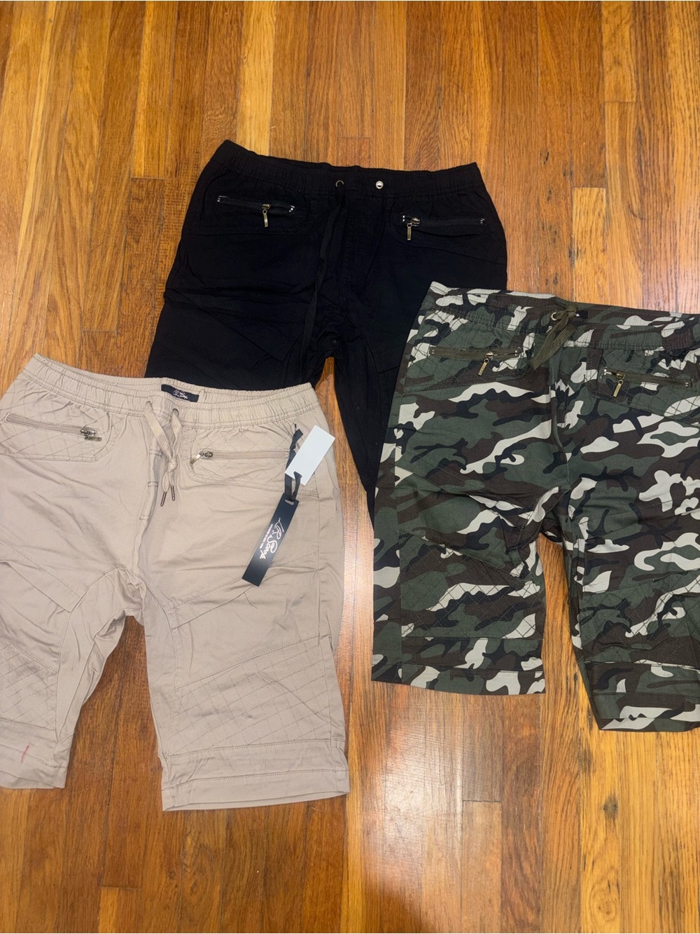 Men's Black, Khaki, and Camo Drawstring Cargo Shorts